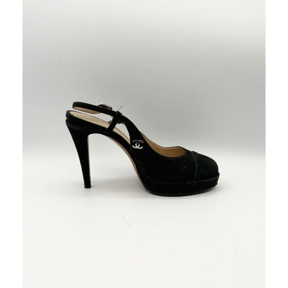 Chanel Black Suede Slingback Platform Cap Toe Heels Silver CC Logo Size EU 37.5